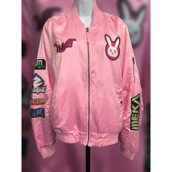 Overwatch D.Va Pink Satin XL Bomber Jacket Bunny Lined Patches Full Zip Blizzard - Picture 2 of 8